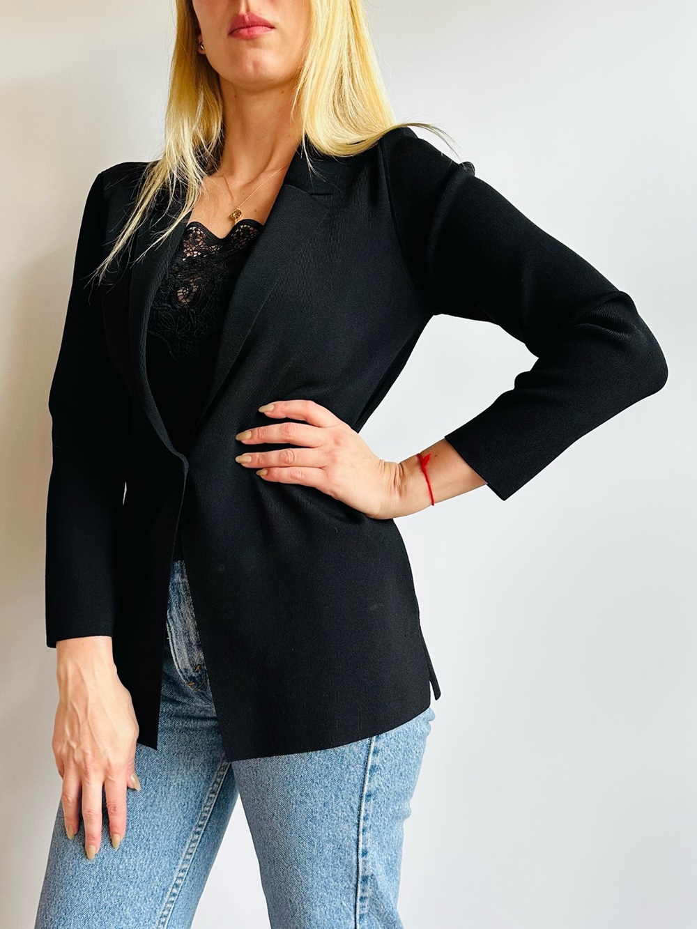 MM.LaFleur Black Knit Blazer One Button Tailored Stretch Minimalist Jacket Work